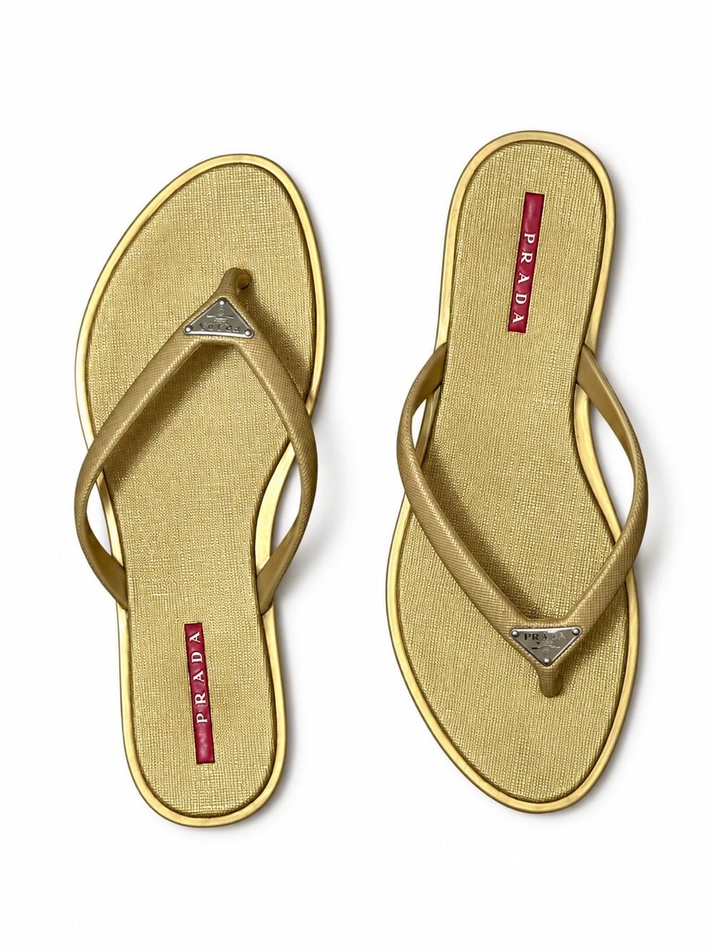 Auth Prada Linea Rossa Gold Flip Flop Sandals Metal triangle Logo 38 7.5 8